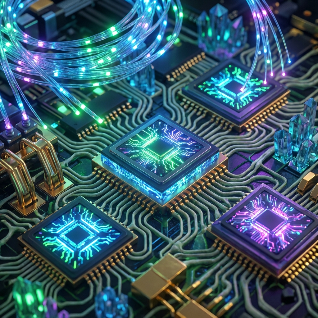 Close up of a futuristic circuit board with glowing microchips and optical fibers, macro photography, high tech, no people
